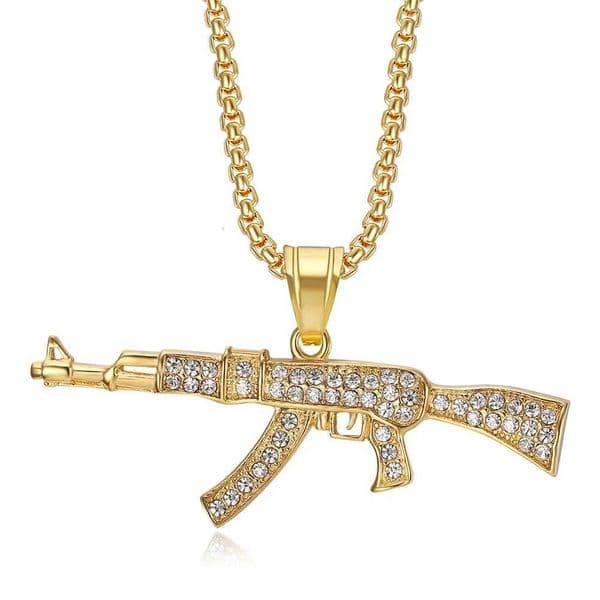 Hip Hop Iced Out AK47 Gun Pendant Chain Male Gold Silver Color Stainless Steel Military Necklace For Men Cool Jewelry Gift W251020