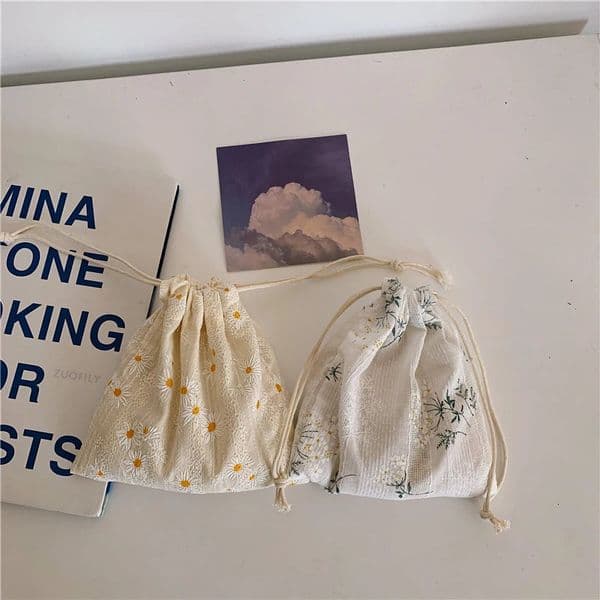 Japanese Style Cotton Linen Drawstring Bag Christmas Gift Candy Tea Jewelry Storage Bag Women Flower Pattern Cosmetic Coins Bags 251020BJ