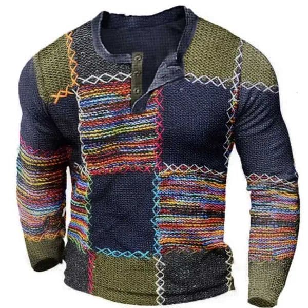 Henry Shirts Patchwork Plaid 3D Rags Print Pattern New Mens Long Sleeved Tshirt With Mens Clothing Spring Autumn Sizes S 5XLXJ251020