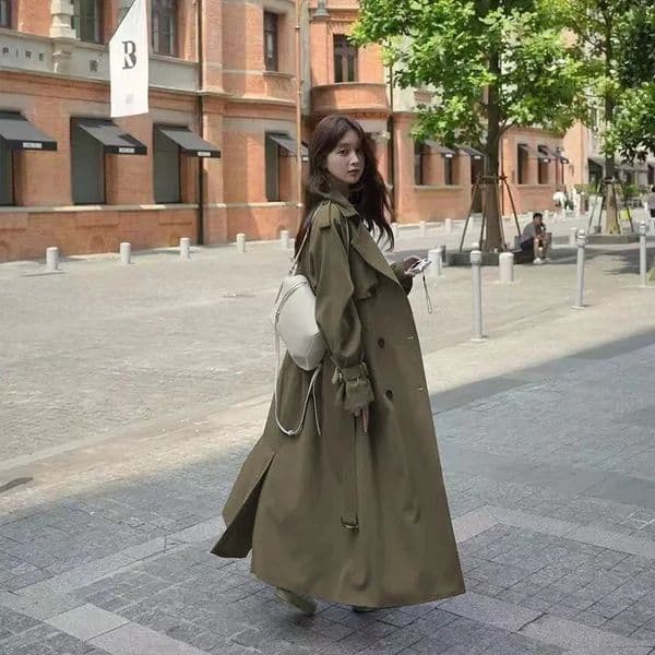 2025 Loose Trench Coat Midi Length Fashion Korean Elegant Khaki Black Womens Windbreaker Casual Double Breasted Tops 251015