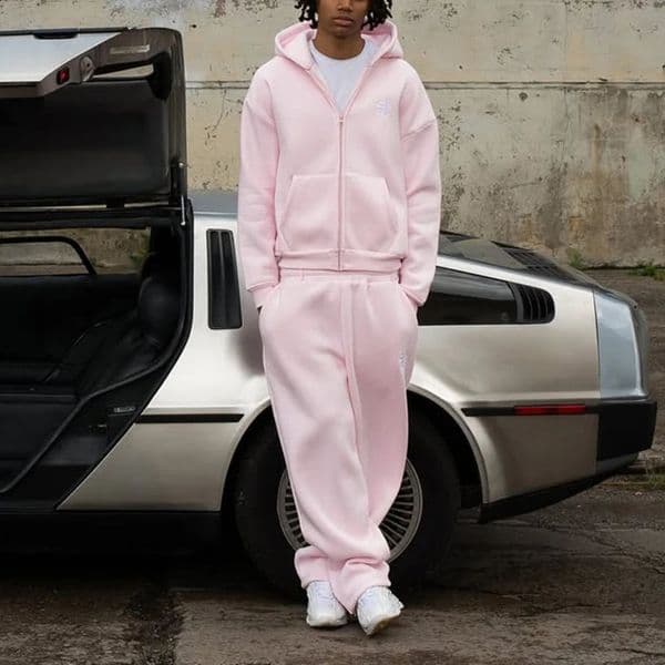 2025 Men Clothing Tracksuit Hoodie Solid Color Warm Sweater Loose Oversized Sports Suit Pullover Pink Street Fashion 251018