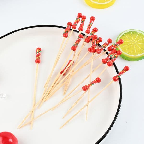 Red Double Beads Fruit Picks Cute For Party Fruit Dessert Decoration