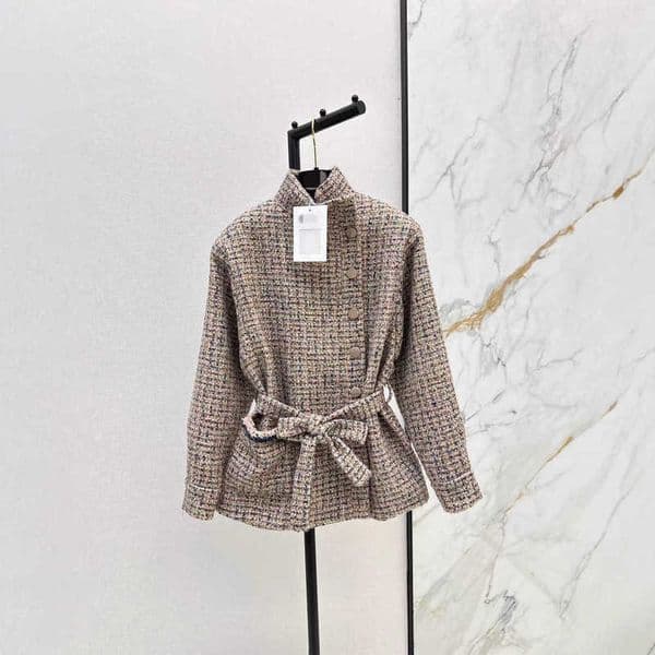 Women's Jackets Designer Casual Elegant Youthful Girl Little Color-Block Tweed Woven Tie Waist Slimming Cardigan Short Jacket WEZA