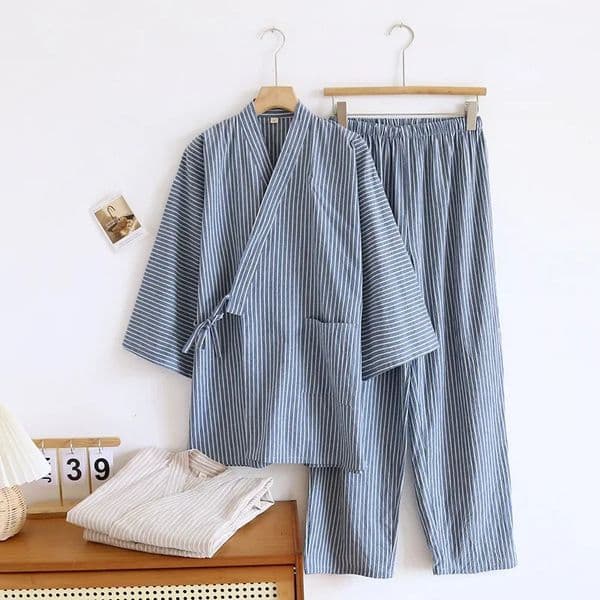 Striped Kimono Robes Set Pajamas for Mens Sleepwear Cotton Loose Oversized Long Pants Thin Sweat Steamed Home Clothes 251021