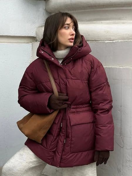 Bornladies 2025 Winter Women Wine Red Hooded Puffer Coat Drawstring Waist Zipper Warm Bread Jacket Outerwear 251013