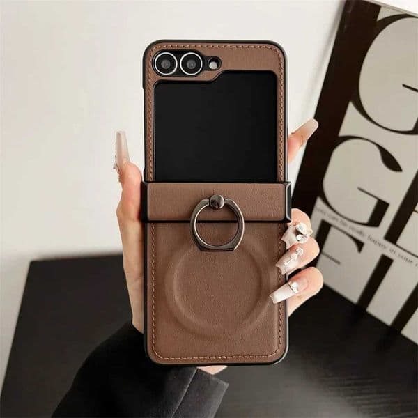 Magnetic Wireless Charging Leather Phone Case for Galaxy Z Flip 7 6 5 4 3 Flip6 Flip5 Flip4 Ring Hinge Protective Cover J251114