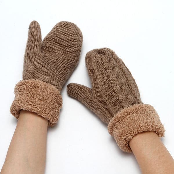 Knitted Wool Gloves Cover Set for Men Women, Autumn and Winter Outdoor Windproof Warm Thickened Adult Mittens with Fleece Lining