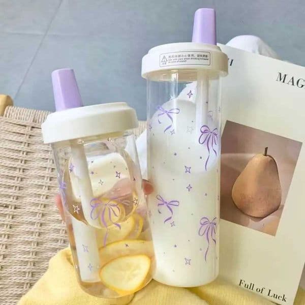 Portable 500ml Straw Cup Plastic Large Capacity Cup With Lid Straw Bowknot Plastic Cups Bubble Tea Coffee X251021