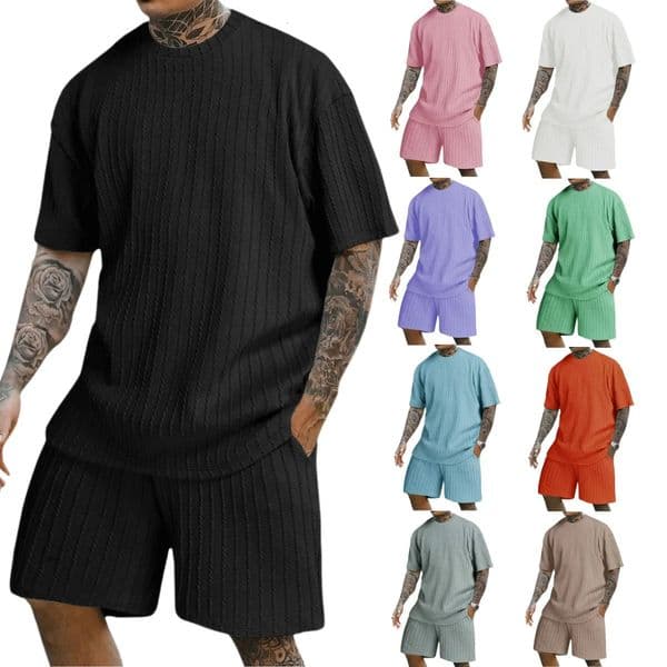 Mens fashion summer sports solid color crewneck vertical stripe Tshirt shorts shortsleeved suit Loose twopiece set 251021