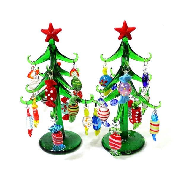 Mini Glass Christmas Tree Ornaments with 12pcs Cute Tiny Sweet Candy Charm Pendant Creative Desk Xtmas Decor Year Party Gift 251020