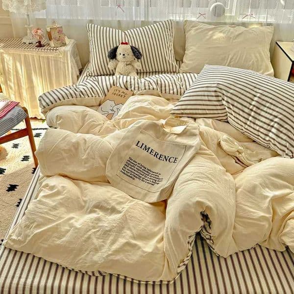 Striped Bedding Set Korean Style Duvet Cover Set Flat Sheets Set Single Twin Double Size Bed Linen Set Back To School Season W251021