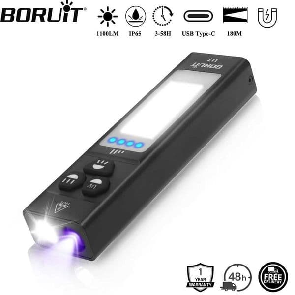 BORUiT U7 UV LED EDC Flashlight 1100LM TypeC Rechargeable Power Bank Work Light Torch with Magnet Camping Pocket Lantern X251021