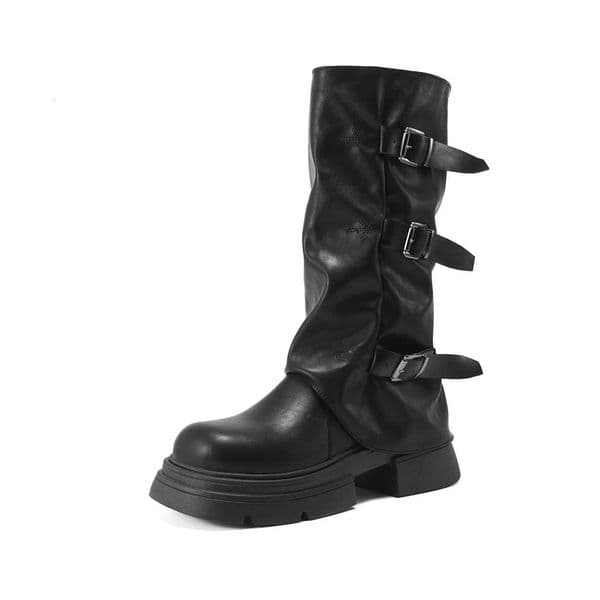 Round Toe Belt Buckle Women Boots Fashion Flat Sole Mid Calf Autumn Niche Design Patent Leather Solid Women Shoes New Arrivals Z251020