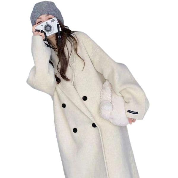 Women new turn down collar midi long loose palazzo double breasted cashmere wool abrigos coats XSSMLXL