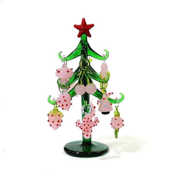 Handmade Murano Glass Christmas Tree Figurine with 12 Cute Mini Pink Glass Charms Ornaments for Home Desktop Decor Holiday Gifts 251020