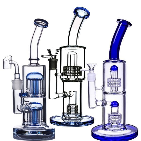 Blue Glass Bong Double Matrix Perc Smoking Water Pipes Hookahs Bubbler Glass Water Bongs Recycler with 14mm