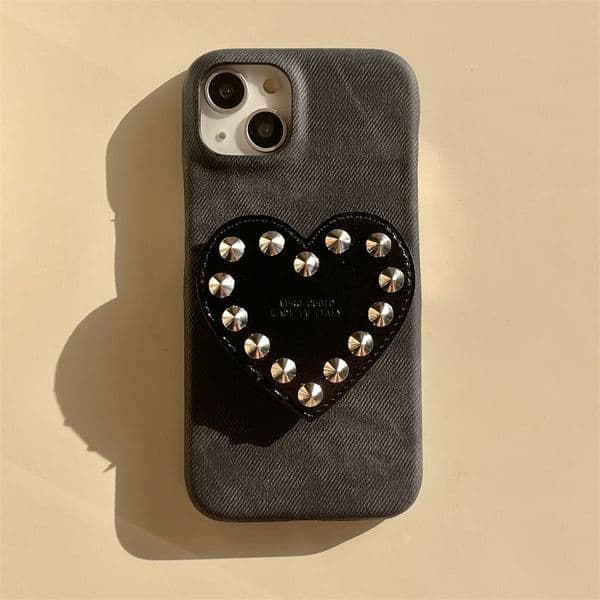 Cute Compatible with iPhone 17 Pro Max Case, Denim Leather Texture Rivet Heart Stand Phone Case Protection Soft Cases for Women Girls