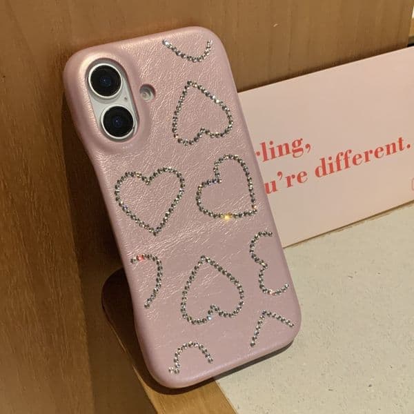 Ice Pink Heart Diamond iPhone Phone Case Compatible with iPhone 17/16 Pro Simple Solid Color 15/14P Protective Cover 13