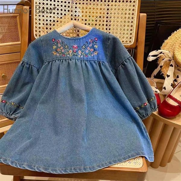 Humor Bear Kids Clothing Autumnr Round Neck Floral Embroidered Long Sleeve Denim dress Girls Dress Princess Dress 251016BJ