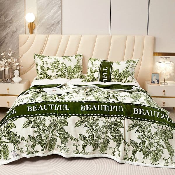 Designer Luxury Brand Skin-friendly Soft Throw Milk Fluff Nap Blanket with Green Plants and Flowers Camellia Pattern for Office /Bedroom /Travel /Gift