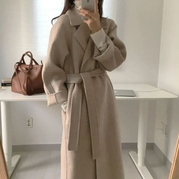 Long Wool Coats Women Midi Waist Lace Up Belt Blends Splice Full Sleeve Cardigan Solid Thick Warm Jackets Straight Winter 251021