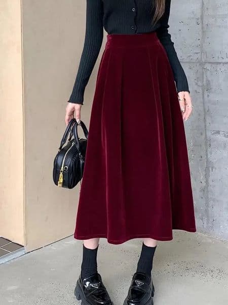 Autumn Winter Warm Vintage Red Elegant Velvet Aline Skirt For Women High Waist Casual Black Party Pleated Big Swing Skirts 251022