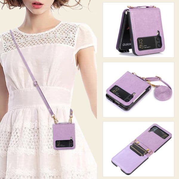 Designer Flip Crossbody Phone Case For Samsung Galaxy Z Flip 3 4 5 6 7 Luxury Card Mobile Cases Protective Cover With Shoulder Strap
