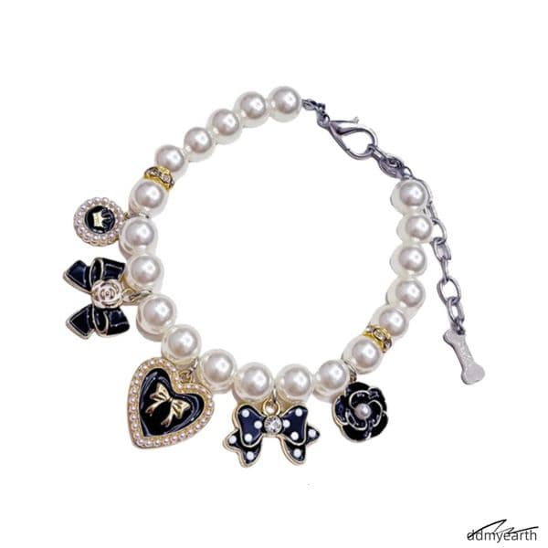 Pearl For - Pet Necklace With Bow & Flower Charms, Adjustable Small Medium Dog Collar Ddmyearth