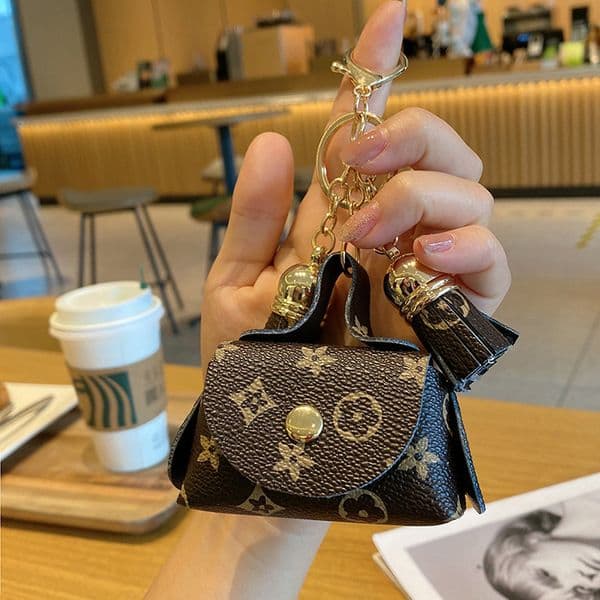 Women's Cute Mini Leather Pouch Monogram Keychain Bag Storage for Coins Earbuds Cards & Keys Bags