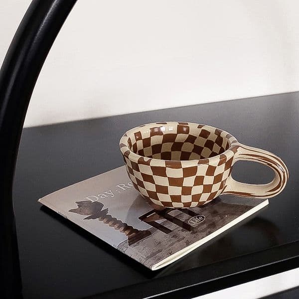 Checkered Coffee Mug , Creative Irregular Checkerboard Ceramic High-value Retro Afternoon Tea Coffee Cup, Novelty Plaid Cup for Office (Brown)
