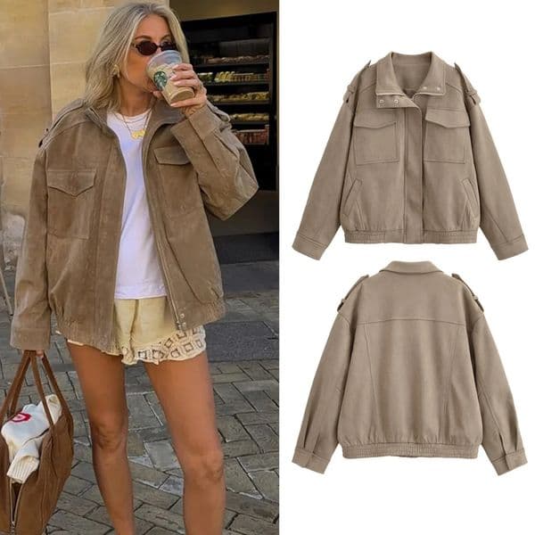 Women Suede Jacket Coat Fall Winter Fashion Zipper Pockets Loose Coats Chic Female Leisure Outerwear Woman clothing 251013