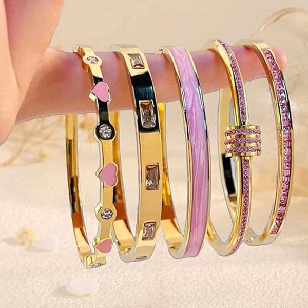 Stackable Gold Color Bangle Bracelet Set for Women 18K Gold Plated Stainless Steel Pink Crystal Love Heart Bracelet JewelryW251024
