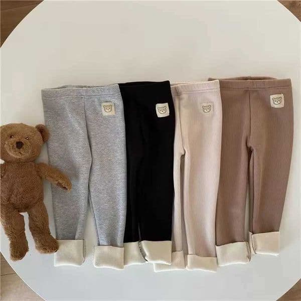 Fleece Lined Leggings for Girls Winter Warm Bear Patch Elastic Pants Soft 16Y Kids TrousersT251024