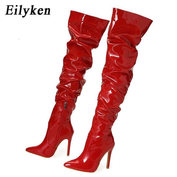 Eilyken Red Women Over The Knee Boots High Heels Patent Leather Solid Pointed Toe Stiletto Side Zipper Sapatos Femininos 251023