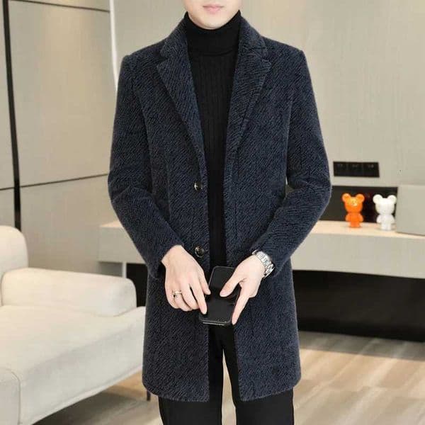 Casual Mens Striped Woolen Coats 2025 Winter Business Thicken Warm MidLength Top Overcoat Clothing Outwear Windbreaker JacketT251025