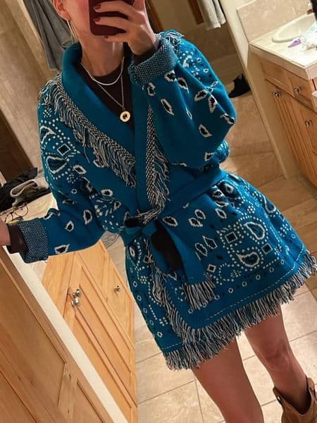 Women Tassel Patchwork Printed Cardigan Geometric Patterns Belts Vneck Long Sleeve Knitted Casual Lady Sweater 2025 Autumn Coat 251013