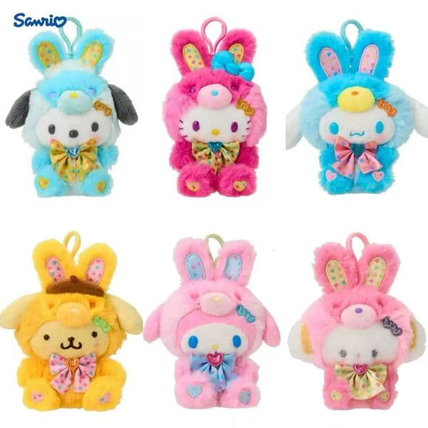 Sanrio Easter bunny series Cinnamoroll Cogimyun Pompompurin Kuromi Plush Stuffed Doll pendant colorful Melody Plushie key ring L251025