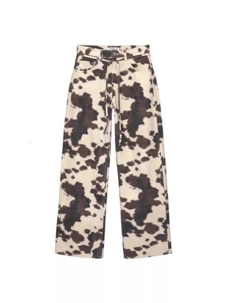 HOUZHOU Vintage Cow Print Jeans Women Y2k Baggy Hip Hop Washed Denim Trousers Grunge Retro Streetwear Wide Leg Jeans Aesthetic 251023