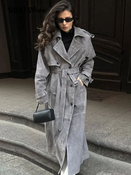 Fashion Suede Long Coat Women Belt Double Breasted Full Sleeve Brown Windbreaker Autumn Winter Lady Street Outwears 251020