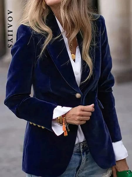 Aoaiiys Velour Blazers for Women Jacket Single Button Suit Collar Blazer Coat Solid Long Sleeve Simple Fashion Female Outerwear 251024