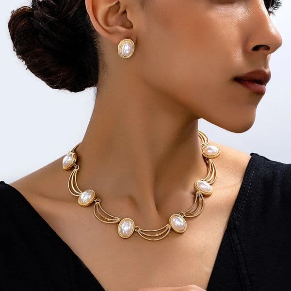 Vintage Stone Earrings and Necklace Set for Women Simple Fashion Jewelry Accessories Party Gift 2025 Style 251016