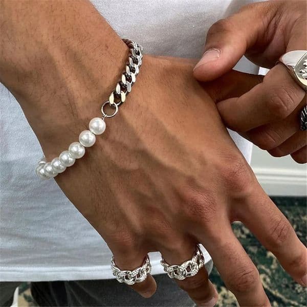 Simple Stainless Steel Pearl Stitch Bracelet Silver Color Men Cuban Chain Bracelet Retro Party Jewelry Mens Fashion Accessories 251023
