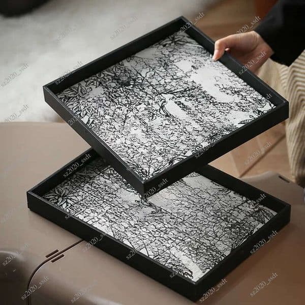 Luxury light color leather decorative tray square living room tea table high-end fragrance perfume cosmetics storage tray home storage