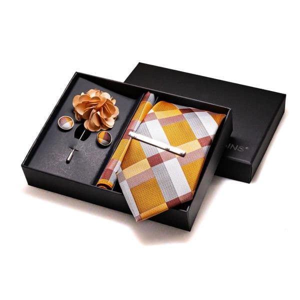 Orange Plaid Silk Wedding Tie For Men Hanky Cufflinks Gift Box Set Mens Necktie Fashion Business Party Gravat Accessories 251023