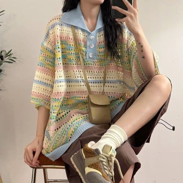 Female Tee Baggy Striped Stripe Gradient Womens Polo Shirts Korean Clothing Fashion 2025 Original Synthetic Youth Tshirts 251027