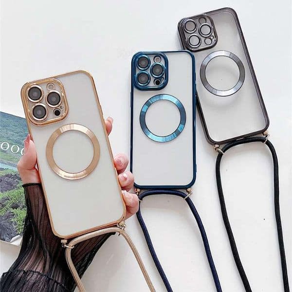 Plating Clear Magnetic Magsafe Wireless Charging Cases For Iphone 17 16 15 14 12 13 Pro Max Crossbody Lanyard Necklace Cover Iphone 17 Pro Max Case