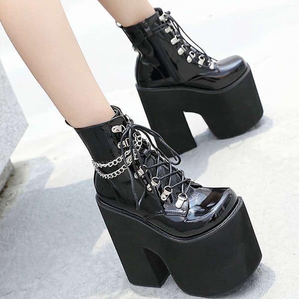 1Pr GDGYDH Women's Punk Style Ankle Booties - Solid Color Square Toe Zipper Closure Platform Heel Motorcycle Boots With Chain Detail, Cover Upper, Polyurethane