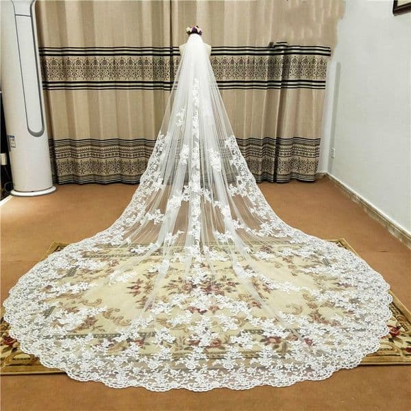 New pattern Cathedral Length Bridal Veil Lace Applique Edge Wide 1 Layer Wedding Veils Metal Comb Real Photo O27