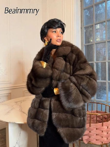 Solid Patchwork Faux Fur Coat Women Full Sleeve Lapel Loose Long Staple Plush Jacket Lady Winter Fashion Street Outwear 251023