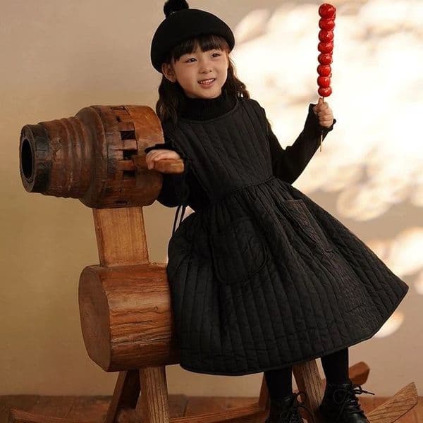 D535 Children's clothing girls' lace-up dress children's quilted overalls skirt girls warm vest skirt long winter wear layering